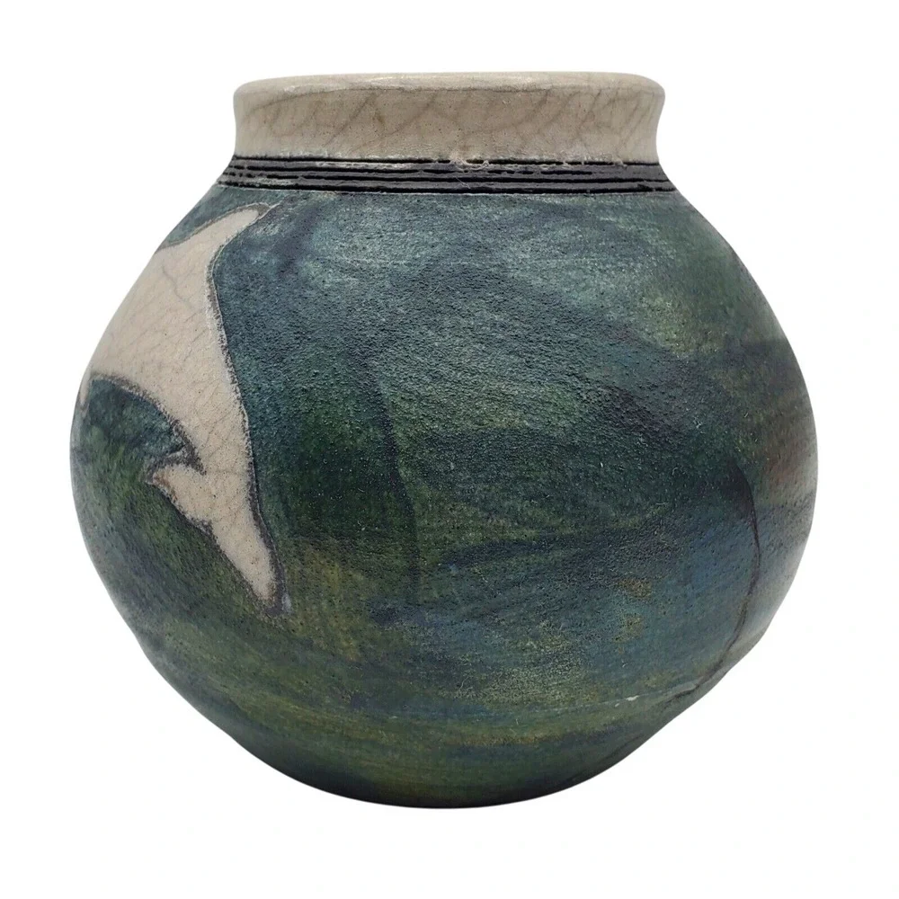 Ben Diller Raku Pottery Dolphin Vase Signed Artist Ceramic Pot Ocean Marine Life
